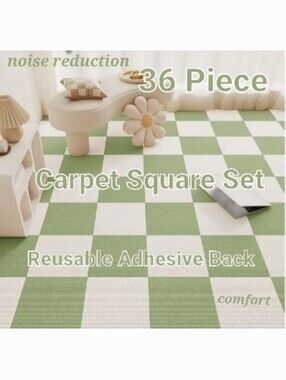 NWT Reusable Adhesive Carpet Squares Cream & Green Mix Mats 36 Square Package